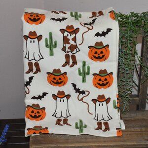 Spooky Western Cactus Ghost Bats Cowboy Pumpkin Halloween Kitchen Hand Towel